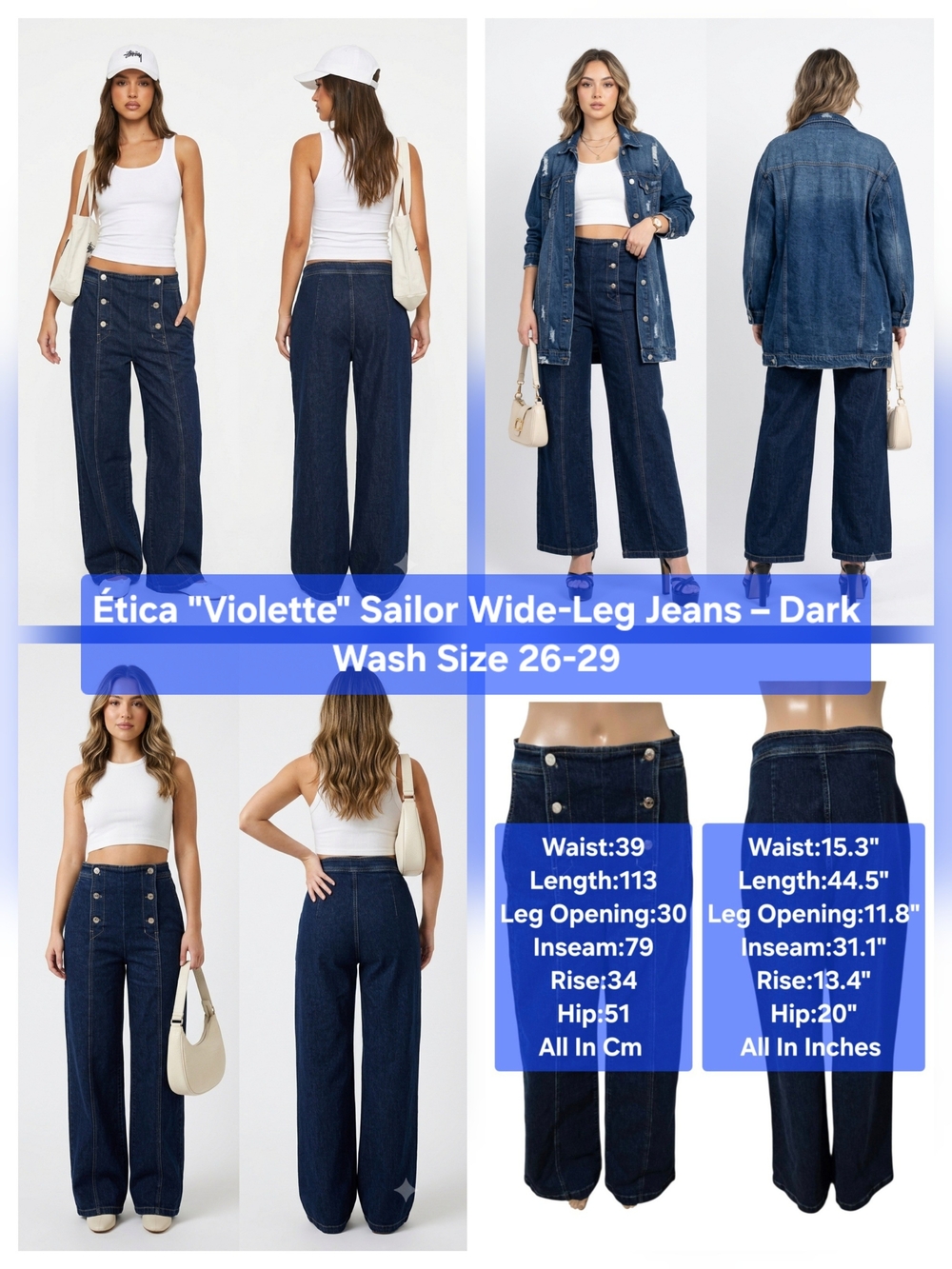 Ética "Violette" Sailor Wide-Leg Jeans – Dark Wash Size 26-29